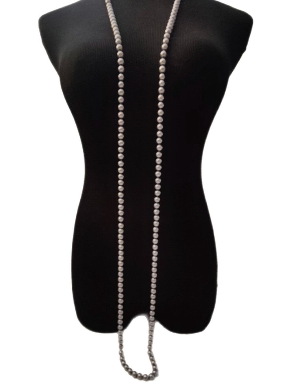 Vintage 63" Metallic Silver Faux Pearl Necklace Long Opera Length Double Knotted
